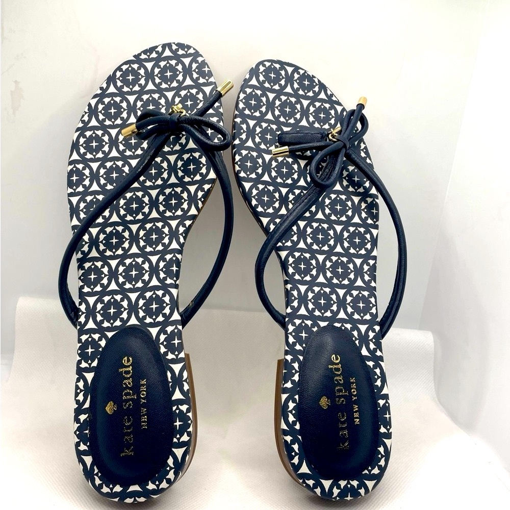 Kate Spade Mistic Navy Bow Leather Thong Sandals Flip Flop - Size 8M